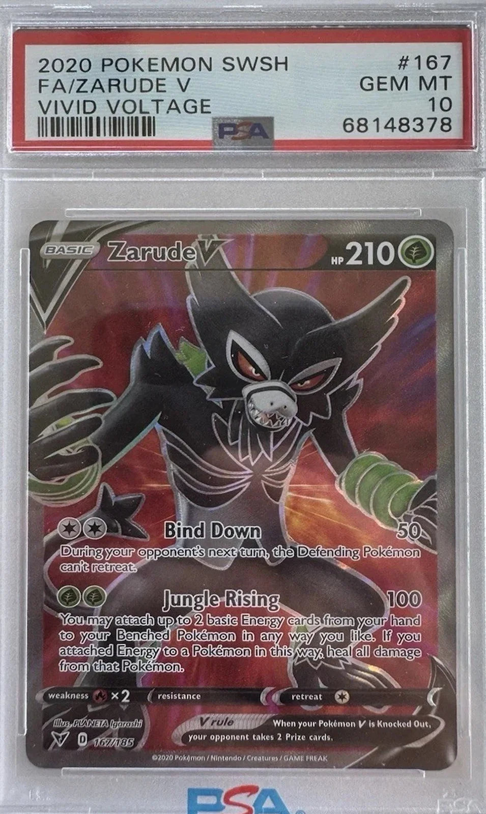 2020 Pokemon Sword & Shield Vivid Voltage Zarude V Full Art 167/185 #167 PSA 10