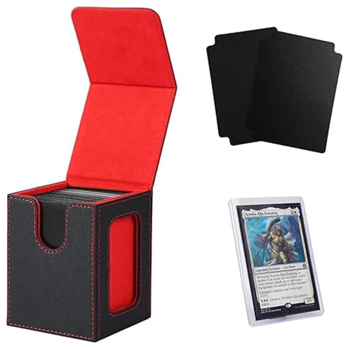 Venssu MTG Commander Deck Box – Fits 100+ Double Sleeved Cards – Includes 2 Dividers & 1 Toploader (Black & Red)