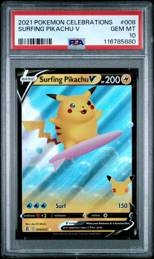 **PSA 10!* ~ SURFING PIKACHU V #008 ~ Pokemon TCG: CELEBRATIONS 25TH ANNIVERSARY (English Version)
