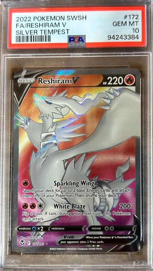 Pokemon 2022 Silver Tempest Full Art RESHIRAM V #172 PSA 10 Gem Mint RARE Pokemon 2022 Silver Tempest Full Art RESHIRAM V #172 PSA 10 Gem Mint RARE (English Version)