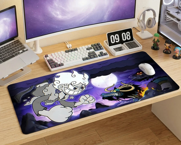 Gear 5 Luffy vs Dragon Battle Mousepad Anime Desk Mat XL One Piece Moon Fight Gaming Mouse Pad Epic Clash Design